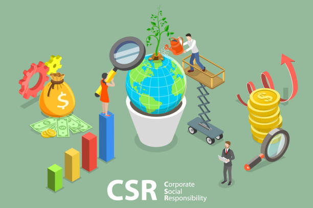 3D Isometric Flat Vector Conceptual Illustration of CSR - Corporate Social Responsibility 3D Isometric Flat Vector Conceptual Illustration of CSR - Corporate Social Responsibility, Contribute to Societal Goals by Engaging in Supporting Volunteering or Ethically-oriented Practices responsible business illustrations stock illustrations
