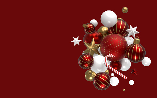 Beautiful Christmas balls, fir tree branch, ribbon and sleigh bells on snow against white background