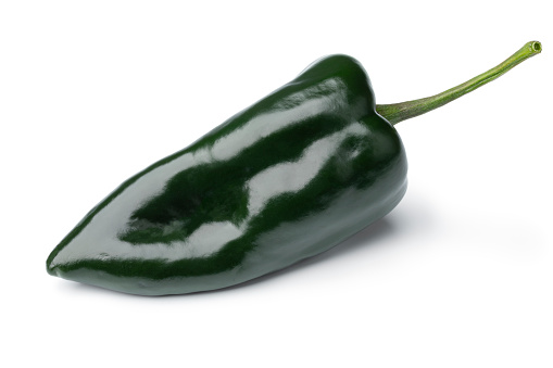 Single fresh green Mexican Poblano Pepper isolated on white background