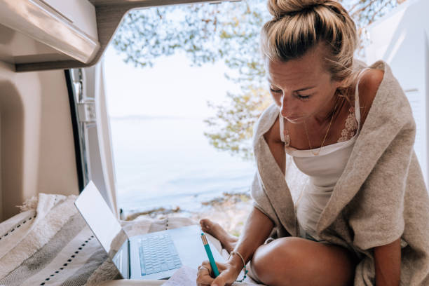 istock Woman working online from her Campervan 1352085095