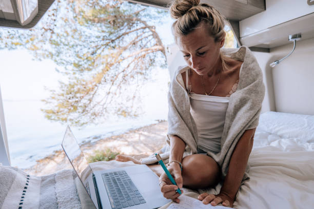 istock Female digital nomad enjoys the van life 1352085209