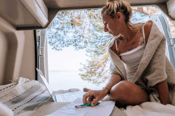 istock Woman working online from her Campervan 1352085688