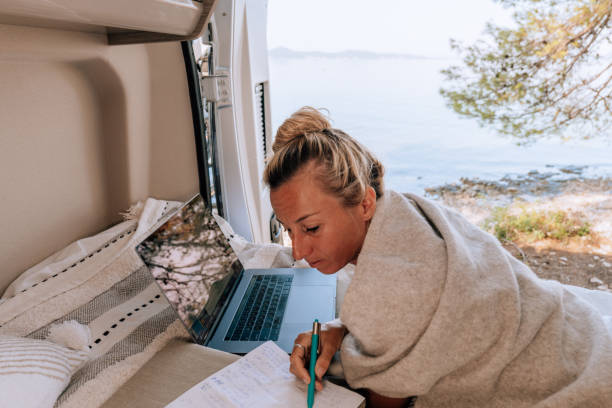 istock Female digital nomad enjoys the van life 1352086294