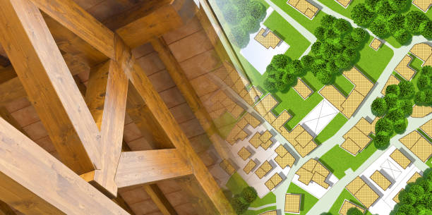 istock Lower environmental impact for wooden buildings - CO2 Net-Zero Emission and Carbon Neutrality concept with a wooden architecture and imaginary city plan 1352086725