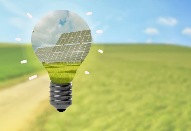 에너지를 생산하는 태양 전지 패널이 있는 전구. 배경에 초원. 오염, 기후 변화, 지구 온난화, 녹색 에너지, 청정 에너지에 대한 개념. 금속 자원 - solarpanel 뉴스 사진 이미지