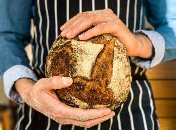 istock Male hands are holding freshly baked sourdough bread 1352087645