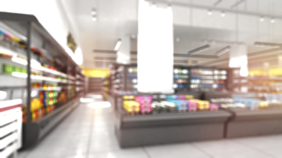 Supermarket store blur background and shopping,Defocused blur,3d rendering