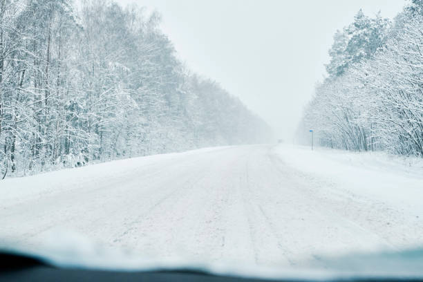 istock Snowy road in winter forest with moving car 1352088392