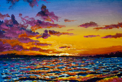 Seascape original painting. Sea waves and warm sun art background artwork