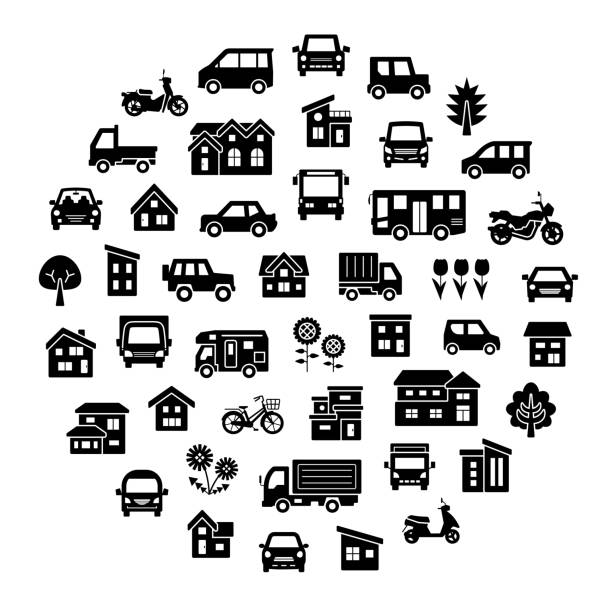 круглая иконная галерея дома и автомобиля, велосипеда и растения - силуэт иконы - - silhouette bus symbol motor scooter stock illustrations