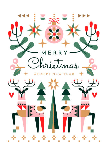 Pretty delicate Merry Christmas greeting card Pretty delicate Merry Christmas greeting card design on white with festive colorful reindeer, ornaments and holly around central text, colored vector illustration scandinavian culture stock illustrations