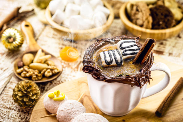 istock vegan christmas hot chocolate with chestnuts, cinnamon, cream, marshmallow, mint and hazelnut. Lactose Free Christmas Drink 1352089946
