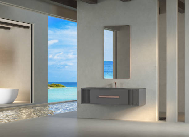 istock Minimalist bathroom interior, pool, concrete wall. 1352091597