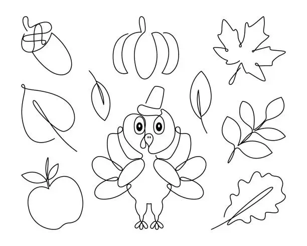 Vector illustration of Thanksgiving Day line set. Simple vector illustrations: turkey, acorn, pumpkin, apple, autumn leaves.