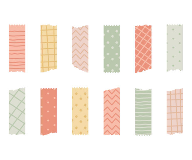 illustrations, cliparts, dessins animés et icônes de ensemble de bandes de ruban washi à motifs colorés et de morceaux de papier conduit - ruban adhésif