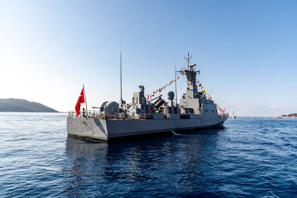 istock Bow of warship with international sailor flags 1352092729