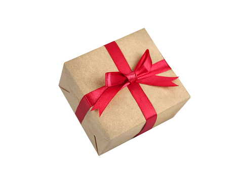 Box with red tied bow and ribbon. Holiday delivery. Birthday gift, christmas present isolated. Parcel.