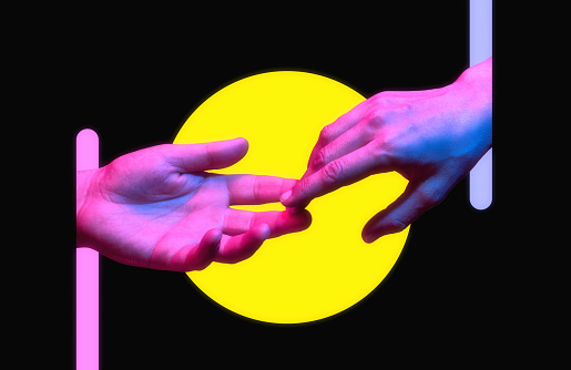 Do not leave me! Hands of a man and a woman in neon light. Art collage. Breaking up a relationship.
