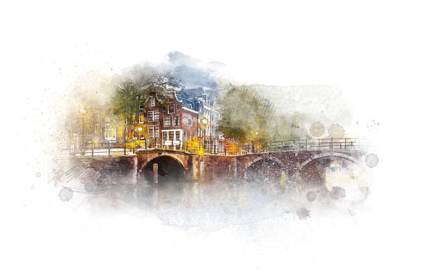 istock Background Frame of traditional old Amsterdam house - old tilted houses, windows, doors and bridges. Computer generated watercolor design. Historical architecture of Europe. Background isolated on white. Amsterdam, Holland 1352093431