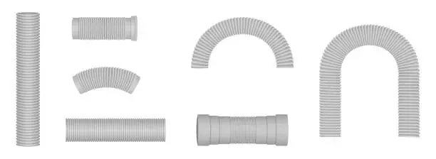 Vector illustration of Corrugated hose connections in various shapes. Curved plastic pipes .