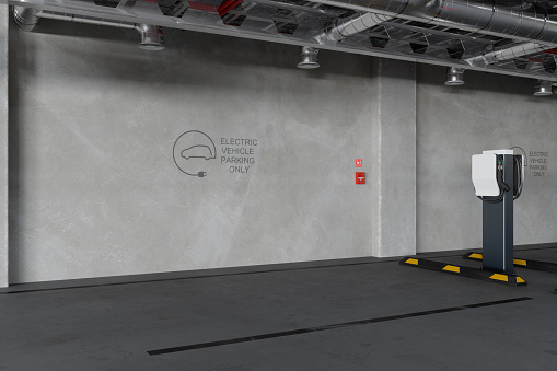 Empty Garage With Electric Vehicle Charging Station