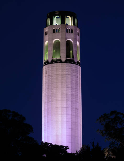 coit tower iluminada em rosa durante a hora azul - tower coit tower san francisco bay area san francisco county - fotografias e filmes do acervo
