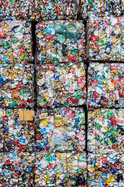 istock Block of aluminum cans ready for recycling 1352094609