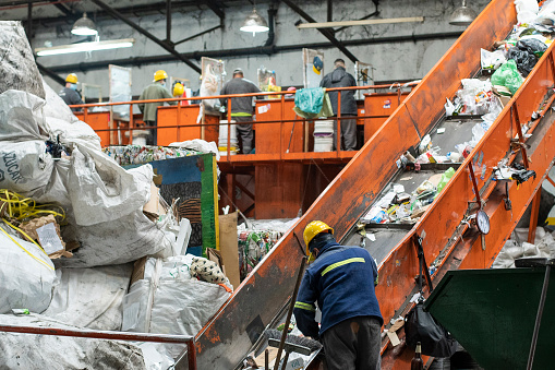Rear view of workers sorting recyclable materials on conveyor belt in  waste management facility