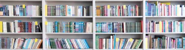 本棚付きの図書館。棚の上に多くの異なる本。本棚に書物がたくさん入っている。ぼかしの背景 - textbook ストックフォトと画像