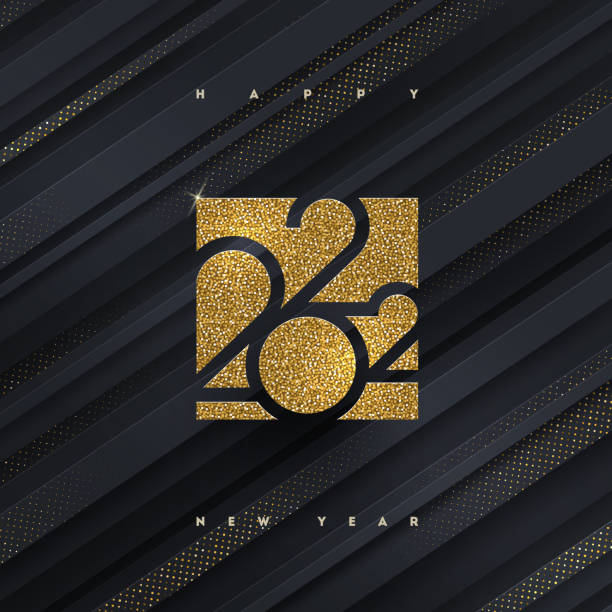 istock 2022 new year golden logo on a black striped abstract background with golden halftone. Greeting card, Vector illustration. 1352096060