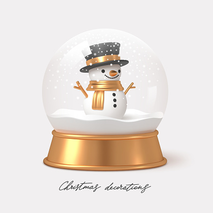 Realistic 3d render snow globe with snowman. Christmas decoration. Vector illustration.