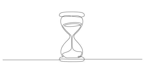 フロー砂と砂時計の1つの連続した線画。●カウントダウンやビジネスデッドラインのタイムパスコンセプトとしてのレトロタイマーを、白で分離したシンプルなリニアスタイルで。落書きベ - clock time business waiting点のイラスト素材／クリップアート素材／マンガ素材／アイコン素材
