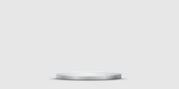 stockillustraties, clipart, cartoons en iconen met silver podium stage vector illustration. 3d realistic metallic luxury platform for winner, luminous pedestal stand for product display presentation with shadow on floor isolated on gray background. - bouwplatform
