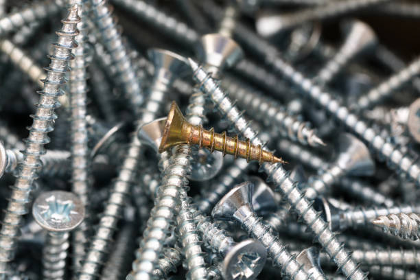 istock Universal silver screws of different sizes closeup 1352103170