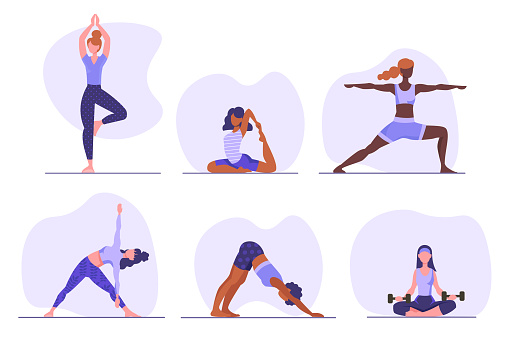 Set of women doing yoga. Female characters stretch their muscles, train balance and perform physical exercises. Girls watching figure. Cartoon flat vector collection isolated on white background