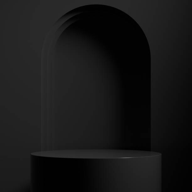 istock Full black podium pedestal with dark stuff for Black Friday offer presentation in 3D rendering. Elegant platform for promotional marketing discount and online shopping concept 1352108553