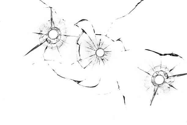 agujeros de bala en el vidrio de cerca sobre fondo blanco - bullet bullet hole hole glass fotografías e imágenes de stock