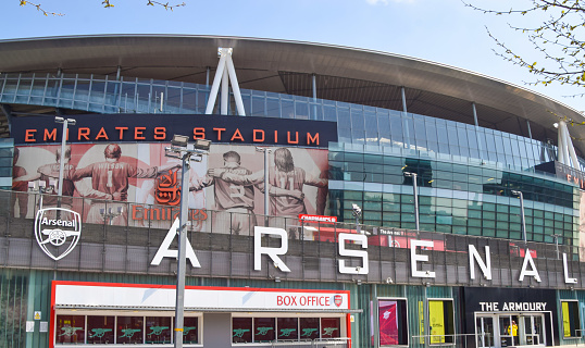 London, United Kingdom - April 20 2021: Emirates Stadium exterior, home of Arsenal Football Club.