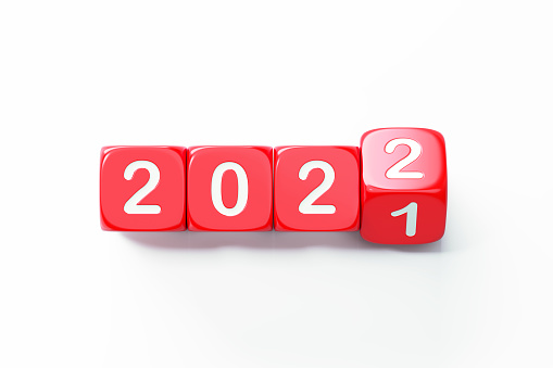 Red Dices Changing From 2021 to 2022 Over White Background