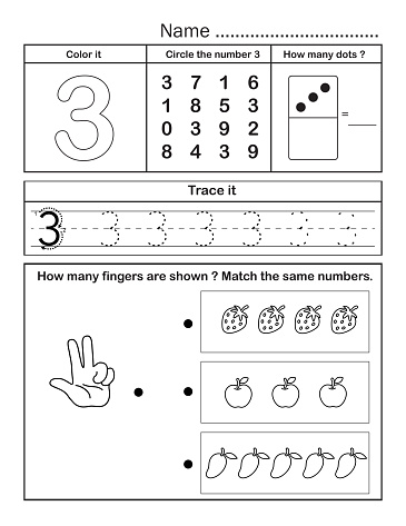 Black and white printable number worksheet handout for kindergarten design to teach student practice writing tracing counting activity and learning. Number 3.