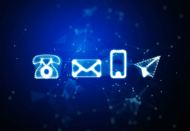 Various contact us symbols over blue technological background. Horizontal composition with copy space. Contact us concept.