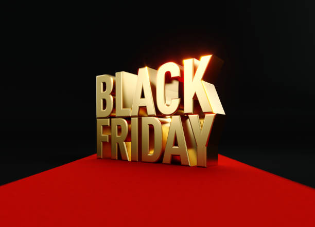 istock Black Friday Concept - Gold Colored Black Friday Sitting On Red Carpet Before Black Background 1352111788