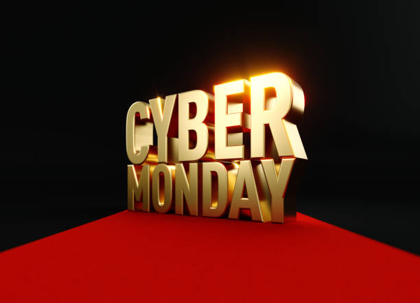 istock Cyber Monday Concept - Gold Colored Cyber Monday Sitting On Red Carpet Before Black Background 1352112185