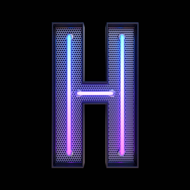 Neon retro Light Alphabet letter H isolated on a black background with Clipping Path. 3d illustration.