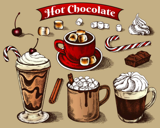 ilustraciones, imágenes clip art, dibujos animados e iconos de stock de boceto de dibujo de bebidas de chocolate caliente con malvavisco, crema batida, caña de caramelo, canela. - chocolate cocoa hot chocolate backgrounds