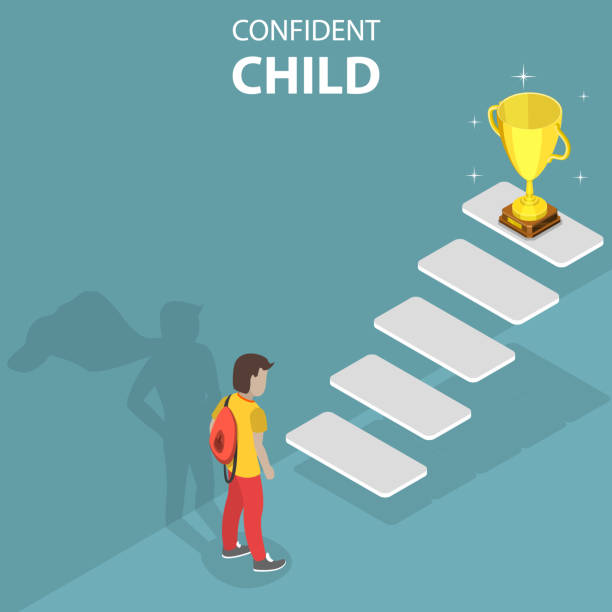 3D Isometric Flat Vector Conceptual Illustration of Confident Child 3D Isometric Flat Vector Conceptual Illustration of Confident Child, Teenager with Superhero Shadow in front of Future Life Steps entrepreneur silhouettes stock illustrations