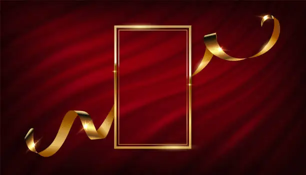 Vector illustration of Gold frame with silk ribbon on red curtain, 3d vintage luxury banner for awards ceremony