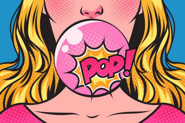 illustrazioni stock, clip art, cartoni animati e icone di tendenza di donna che soffia bolla con una gomma da masticare rosa, e pop! fumetto. illustrazione vettoriale di fumetti pop art. - pop art