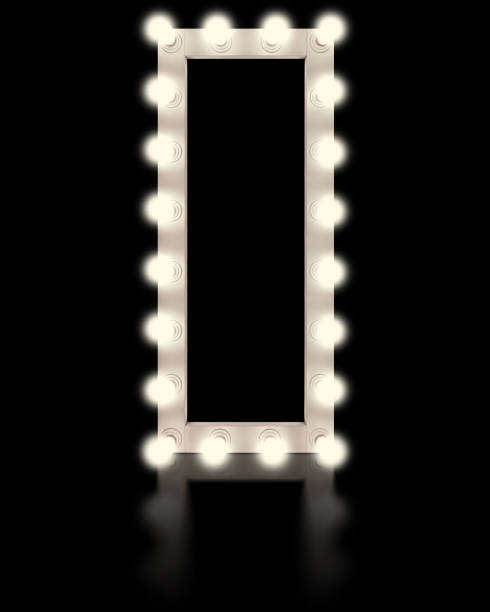 istock Vintage white mirror frame with glowing lamps, isolated on black background. Make-up mirror with built-in lamps. Professional luminous mirror with reflection. 1352120569