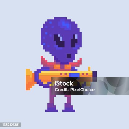 istock Pixel art character. A hostile alien with a weapon. 1352121381